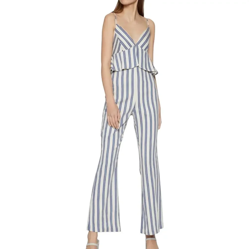 BCBGeneration Blue Striped Peplum Jumpsuit Size 12 NWT